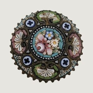 Vintage Italy Micro Mosaic Floral Millefiori Round Brooch Pin Brass MLO Signed